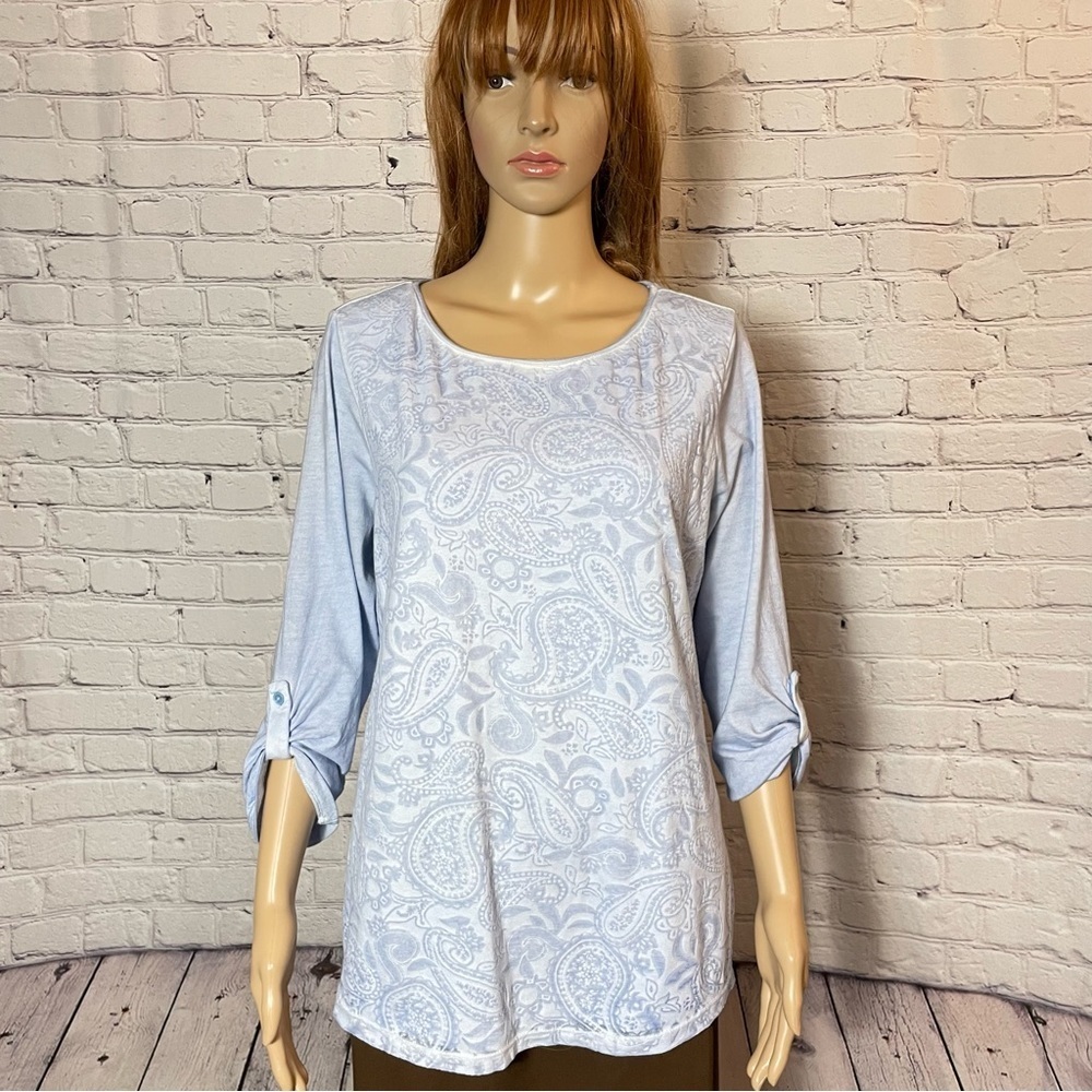 Chico's Cotton Blue Tie Dye 3/4 Sleeve Top Size 2 US L